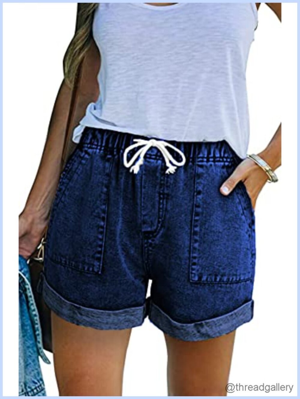 Women's High Waisted Ripped Denim Shorts Stretchy Drawstring Jean Shorts